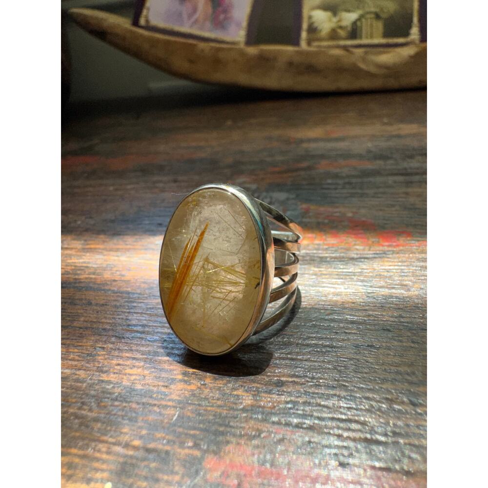 Golden Rutile Cabochon Crystal Wide Band Sterling 925 Silver Ring US Size 7